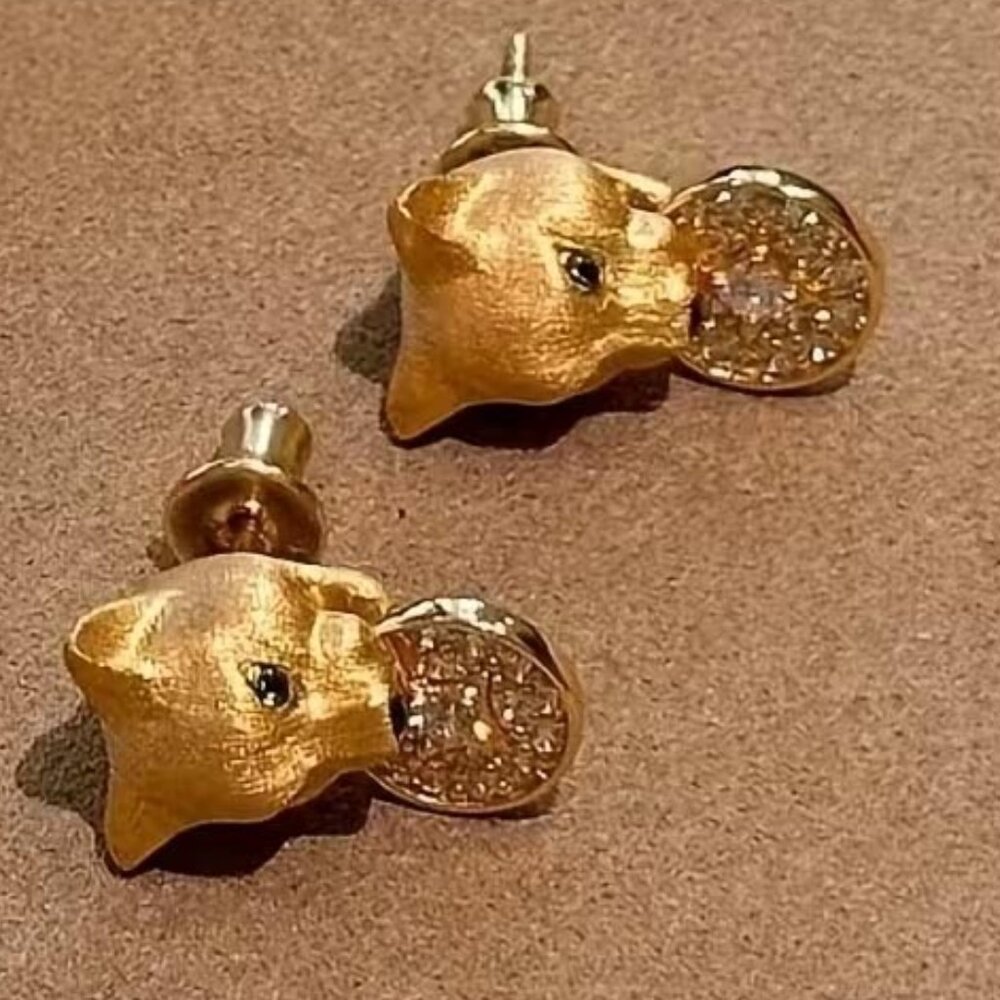 SWEET GREEN EYED PANTHER GOLDEN STUD PIERCED EARRINGS 68 - Picture 3 of 3